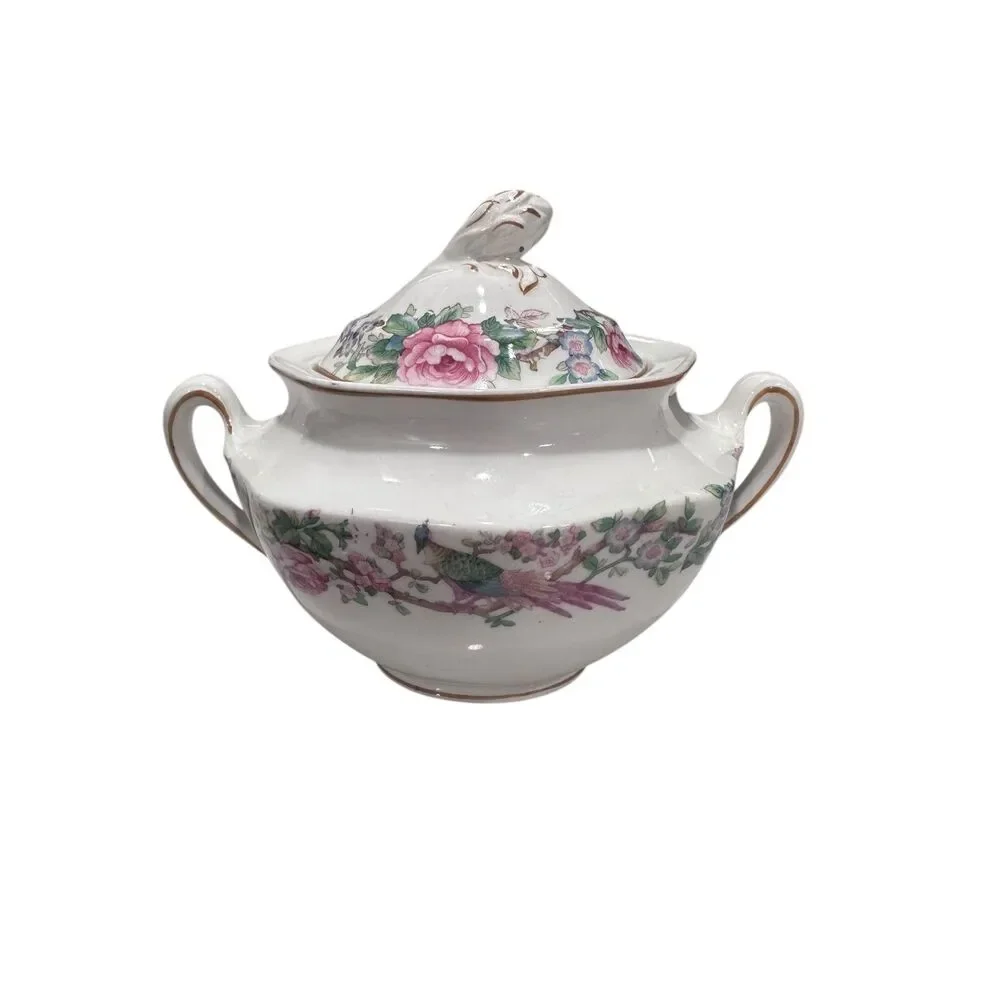 Antique Johnson Brothers Pheasant Pink Camillia Bird Of Paradise Sugar Bowl